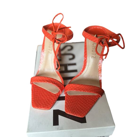 Schutz ‘Mavis’ Orange Snake Print Leather Mule Heel • US 5½ B - Picture 2 of 8